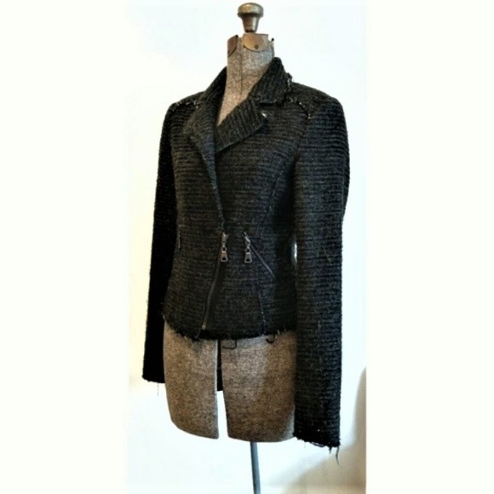 SET raw edge tweed biker jacket asymmetrical zipper Y2K